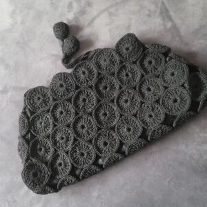 Vintage Black 40s Oversized Crochet Corde Clutch 17" x 9